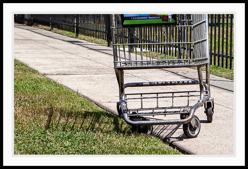 A shopping cart stumbles off the path.